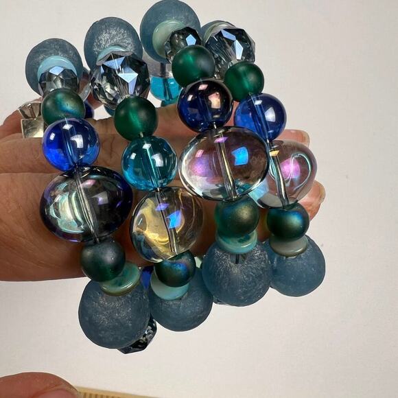 Handmade Beaded Coil Bracelet Sea Glass Blue Green Glass Beads Tree Charms - Picture 5 of 5